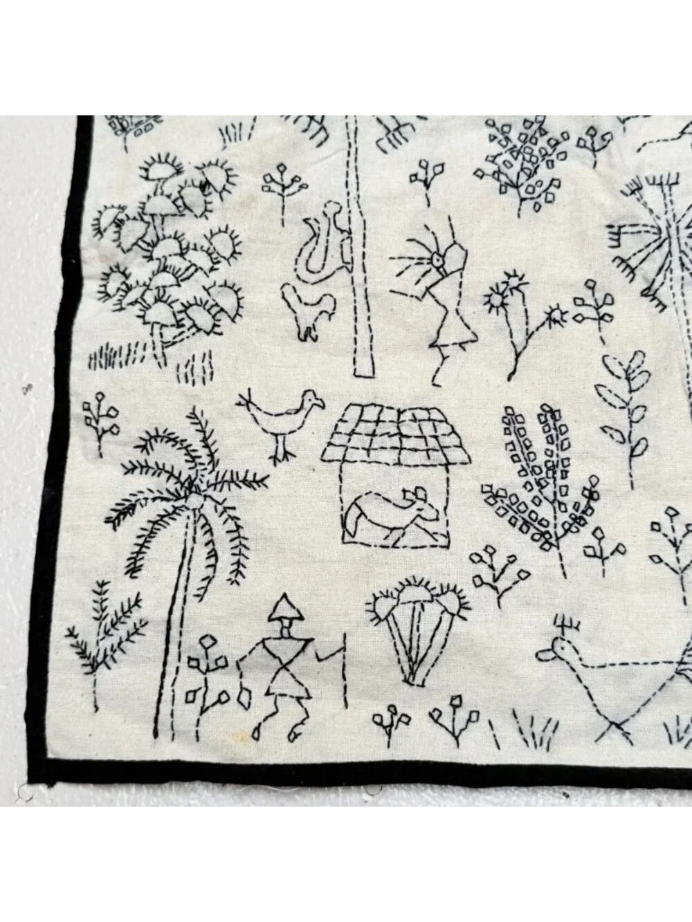 Hand Embroidered Square Pillow Cover Farmhouse People Animals Trees Floral Black
